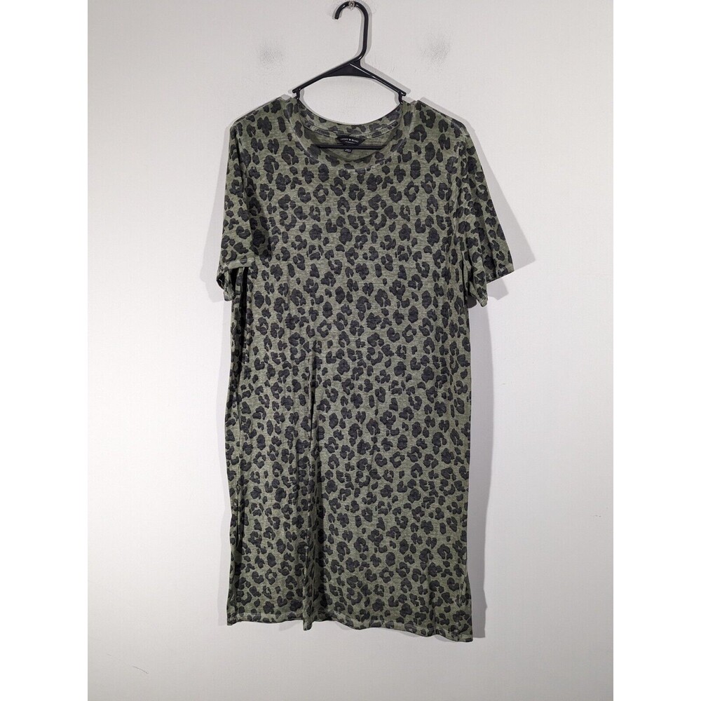 EUC Lucky Brand Green Animal Print Short Sleeve Shirt Dress Women Size L